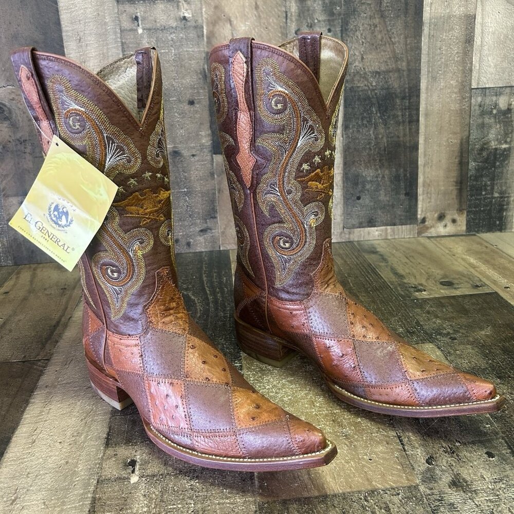 El General Pointed Toe Patchwork Ostrich Western Cowboy Boots Mens 8